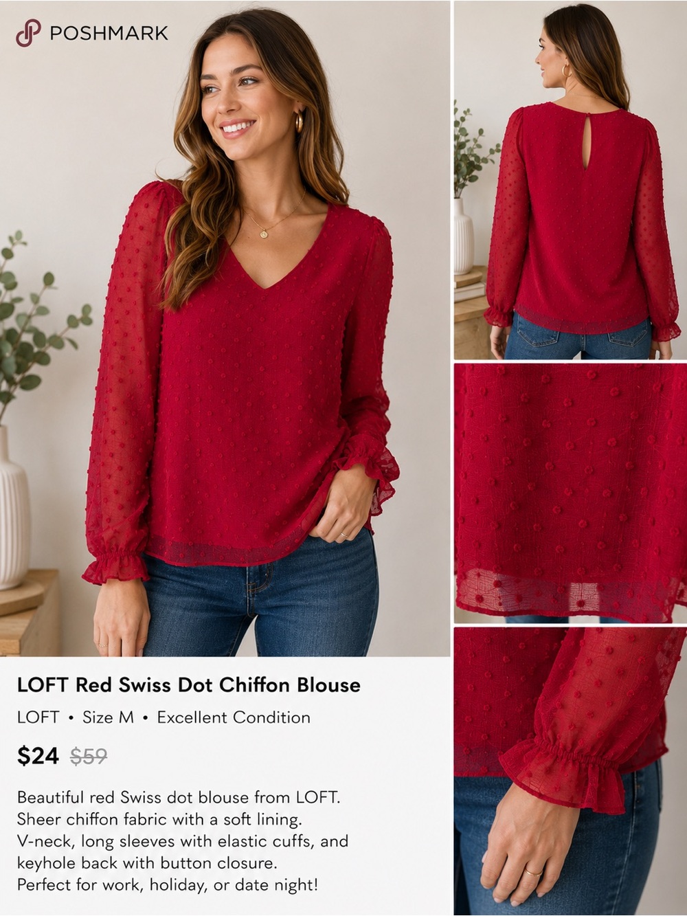 LOFT Red Swiss‎ Dot V-Neck Chiffon Blouse Size Large